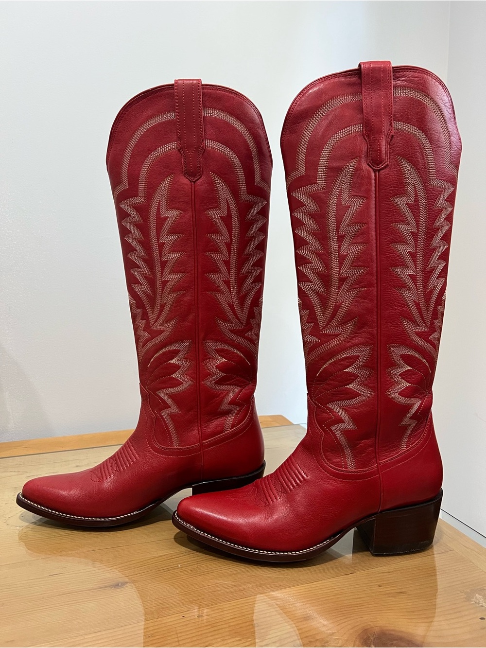 Tecovas The Abby Crimson Red Embroidered Leather Heeled Boots US 10